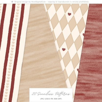 Cherry in Love - Valentine' Day Seamless Patterns, Romantic Love, Hearts Floral, Gingham | 20 JPEG