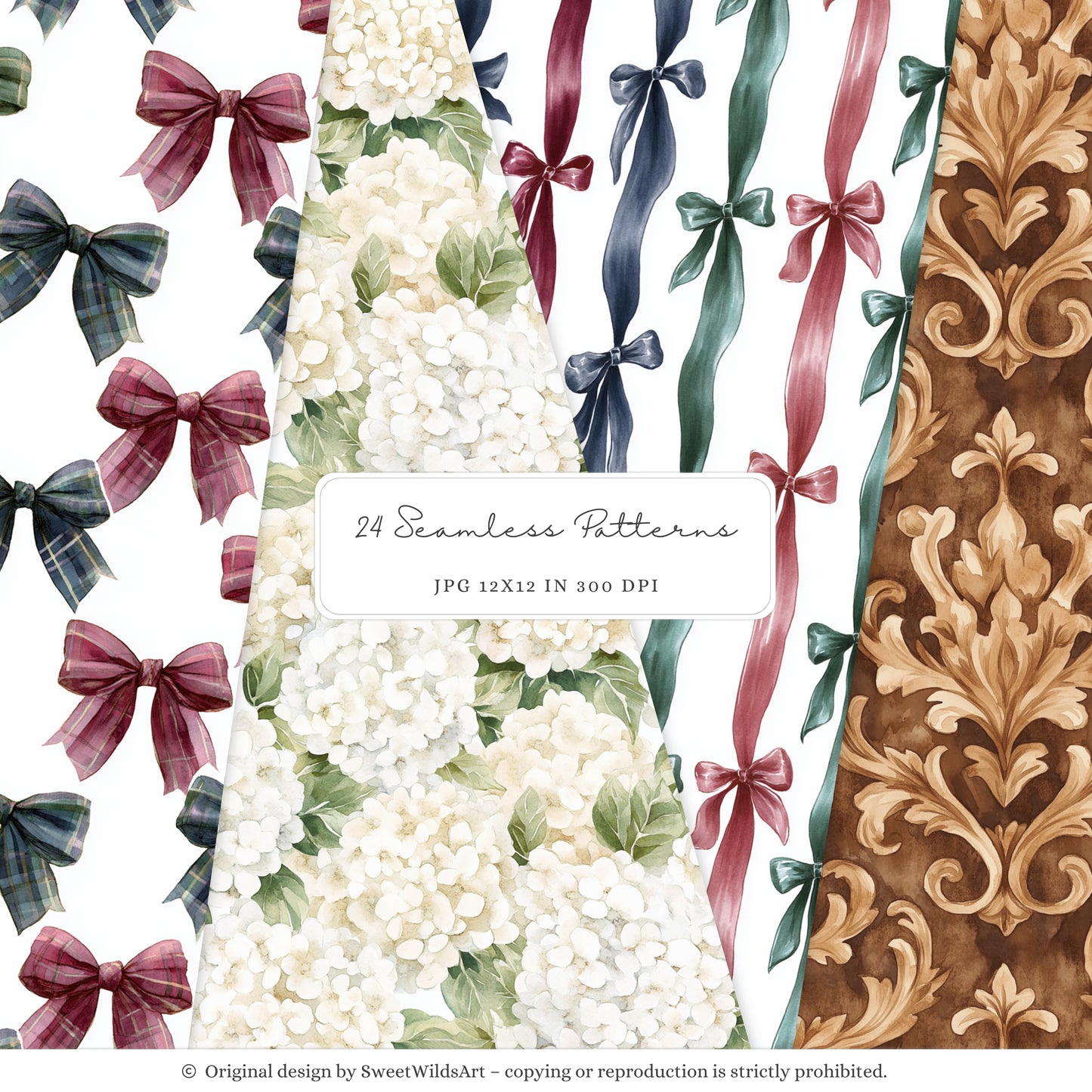 Little Classics - Watercolor Seamless Patterns, Grandmillennial Floral Hydrangea | 24 JPEG