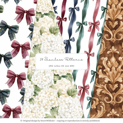 Little Classics - Watercolor Seamless Patterns, Grandmillennial Floral Hydrangea | 24 JPEG