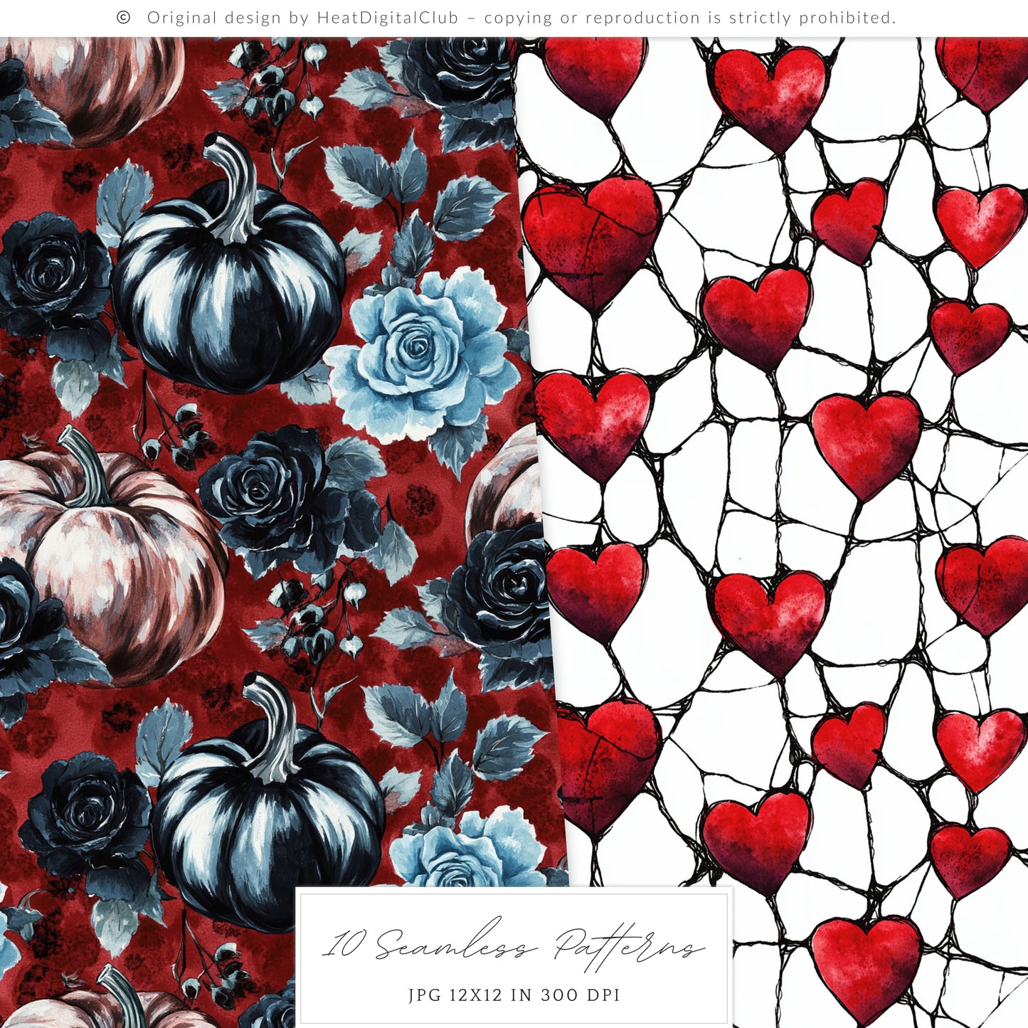 Haunted Alice - Seamless Patterns, Gothic Wonderland Halloween, Roses, Skulls | 10 JPEG