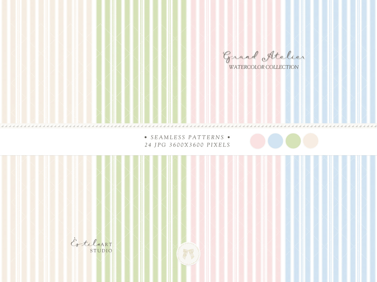 Grand Atelier - Seamless Patterns, Grandmillennial, Pastel Stripes, Gingham Check, Nursery, Vintage Baby | 24 JPEG