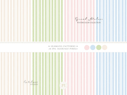 Grand Atelier - Seamless Patterns, Grandmillennial, Pastel Stripes, Gingham Check, Nursery, Vintage Baby | 24 JPEG
