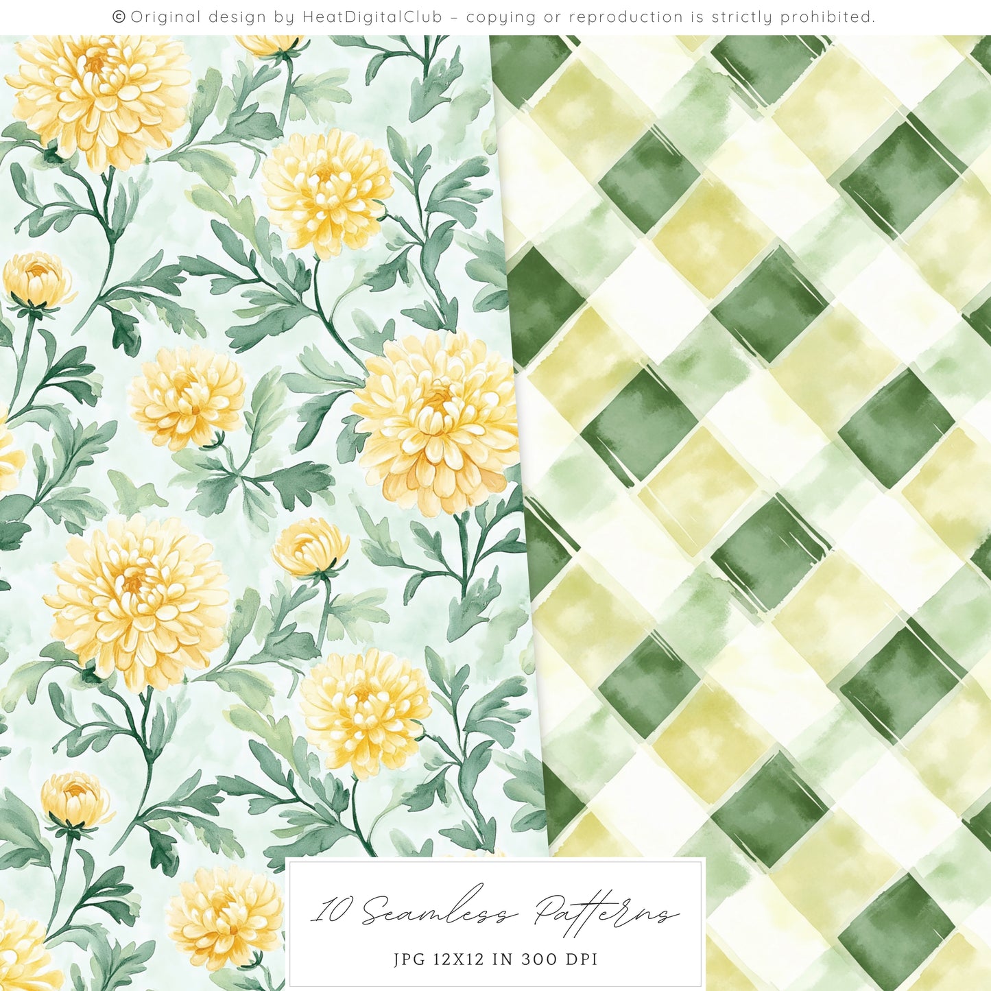 Honey Garden - Seamless Patterns, Bee, Yellow Floral, Honeycomb | 10 JPEG