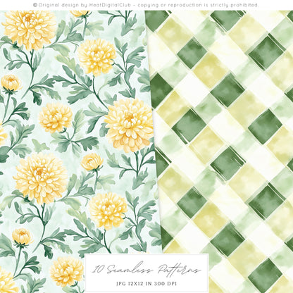 Honey Garden - Seamless Patterns, Bee, Yellow Floral, Honeycomb | 10 JPEG