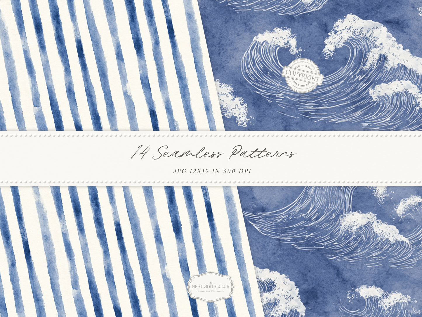 Cold Shore - Navy Seamless Patterns, Blue Stripe Coastal Design, Nautical Shell & Wave | 14 JPEG