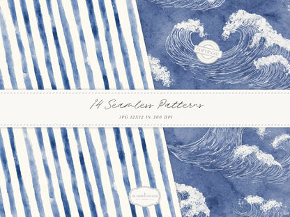 Cold Shore - Navy Seamless Patterns, Blue Stripe Coastal Design, Nautical Shell & Wave | 14 JPEG