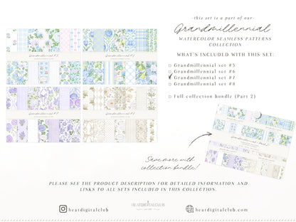 Grandmillennial Set 7 - Seamless Patterns, Lavender Floral, Purple Stripe, Plaid, Elegant Botanical Patterns | 14 JPEG