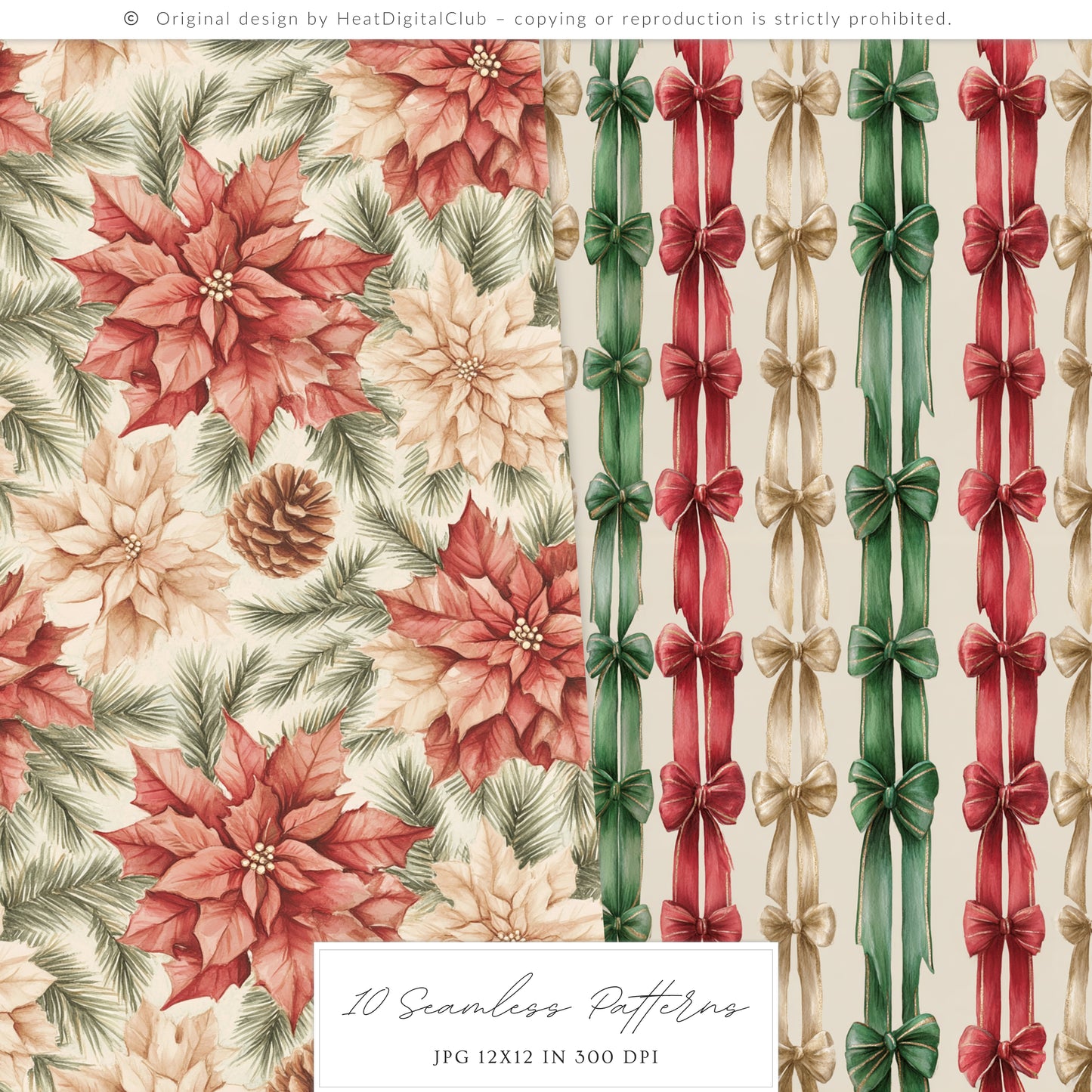 Warm Holidays - Seamless Patterns, Cozy Winter, Christmas, Poinsettia | 10 JPEG