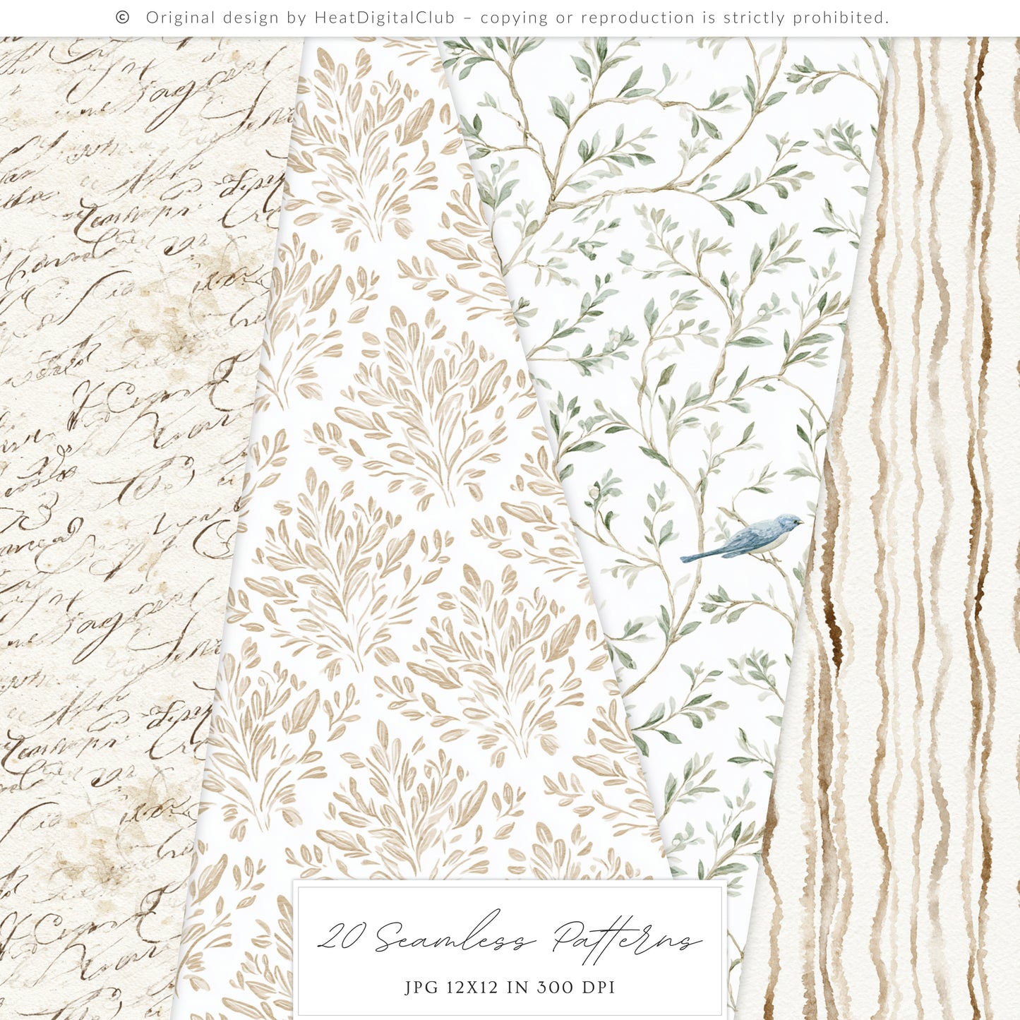 Quiet Cottage - Seamless Patterns, French Cottagecore Hydrangea, Gingham, Chinoiserie, Vintage | 20 JPEG