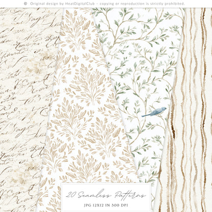 Quiet Cottage - Seamless Patterns, French Cottagecore Hydrangea, Gingham, Chinoiserie, Vintage | 20 JPEG