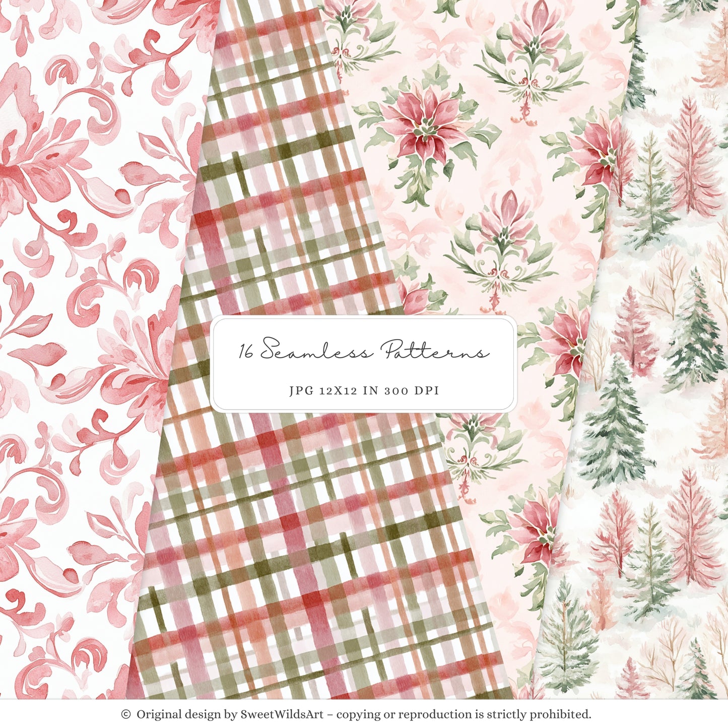 Holly Jolly - Christmas Seamless Patterns, Pink & Red Stripes, Holiday ,Winter | 16 JPEG