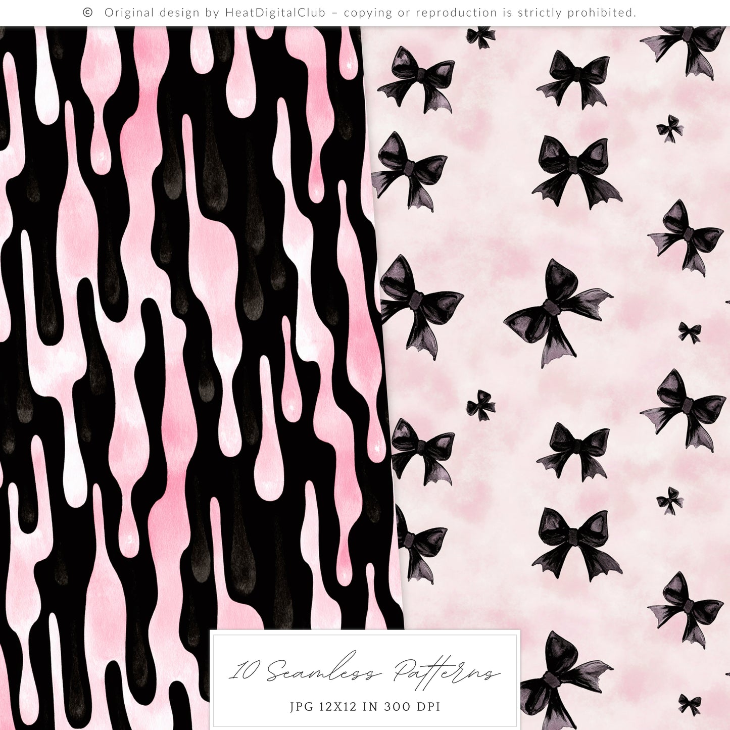 Pretty Haunting - Seamless Patterns, Black & Pink Gothic Halloween, Spooky  | 10 JPEG