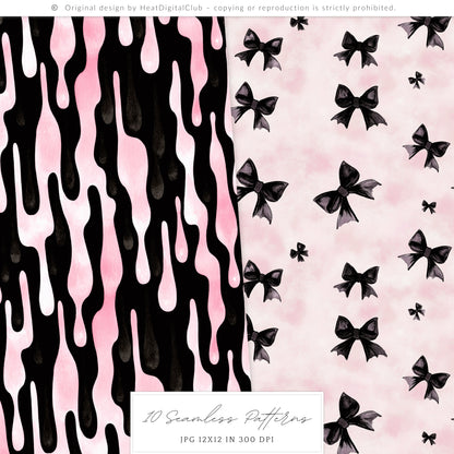 Pretty Haunting - Seamless Patterns, Black & Pink Gothic Halloween, Spooky  | 10 JPEG