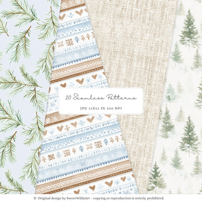 Winter Geese - Winter Seamless Patterns, Soft Blue Beige Plaid, Stripes | 20 JPEG