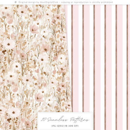 Blush Academia - Seamless Patterns, Light Academia, Pink Brown Peonies | 10 JPEG