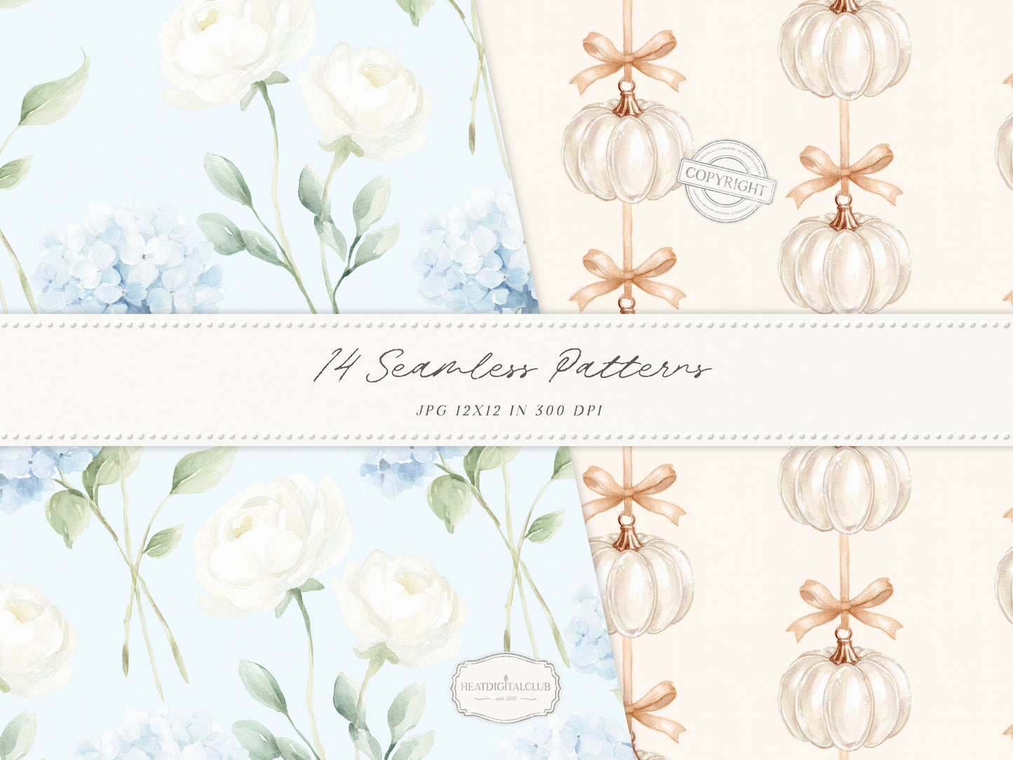 Modern Cinderella - Seamless Patterns, French Blue Floral, Hydrangea, Damask, Stripe, Gingham, Romantic | 14 JPEG