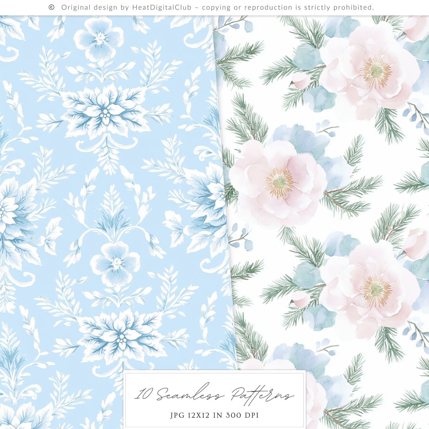Pastel Noël - Seamless Christmas Patterns, Grandmillennial, Pink Blue Chinoiserie | 10 JPEG