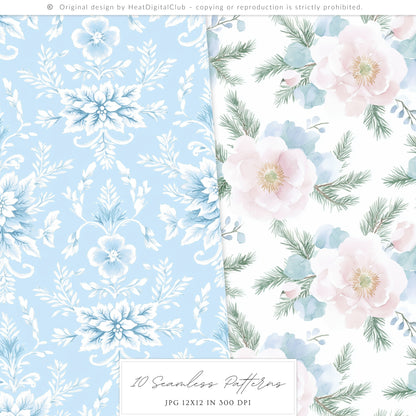 Pastel Noël - Seamless Christmas Patterns, Grandmillennial, Pink Blue Chinoiserie | 10 JPEG