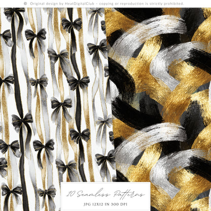Happy New Year - Seamless Patterns, Black Gold Silver, Glitter Balloons Stars, Festive | 10 JPEG