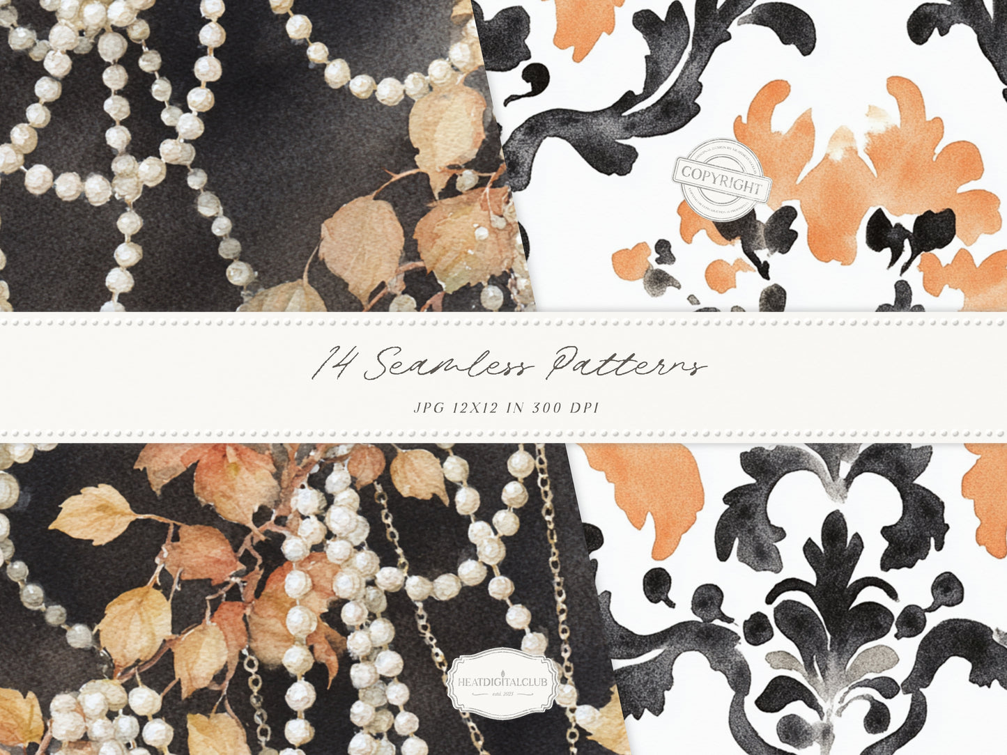 Fall After Dark - Seamless Patterns, Dark Coquette Fall, Black Lace Autumn Patterns, Moody Floral | 14 JPEG