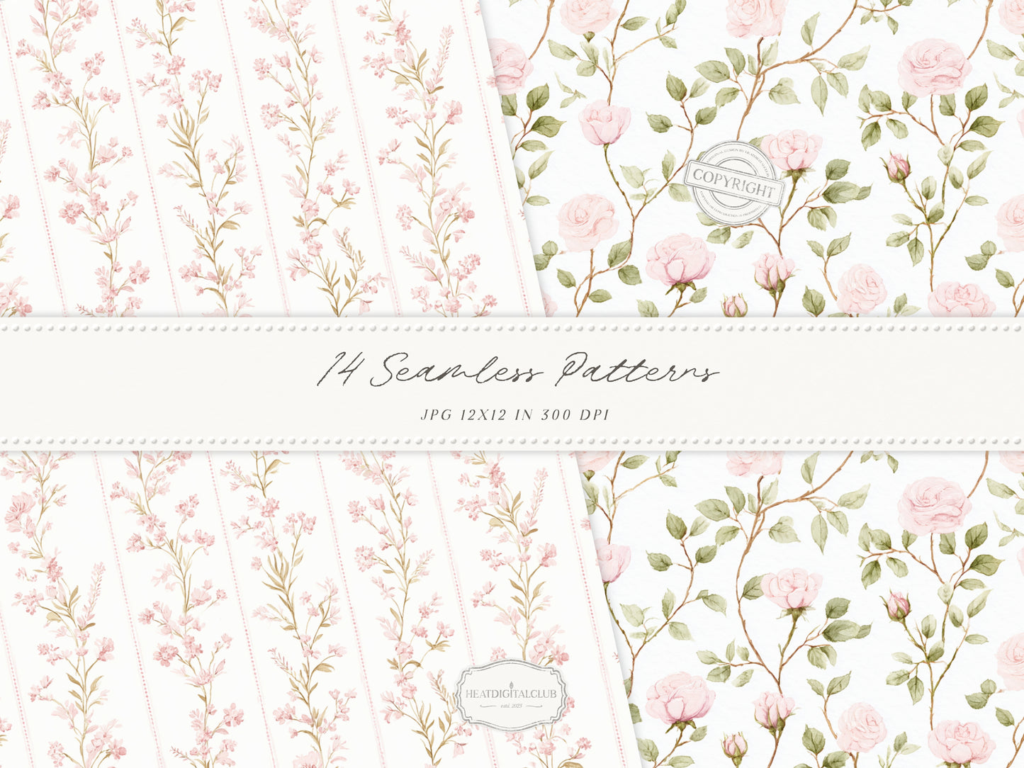 Easter Blush - Seamless Patterns, Chinoiserie Spring, Elegant Light Pink Floral | 14 JPEG
