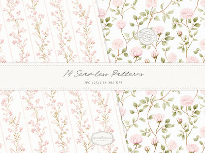 Easter Blush - Seamless Patterns, Chinoiserie Spring, Elegant Light Pink Floral | 14 JPEG