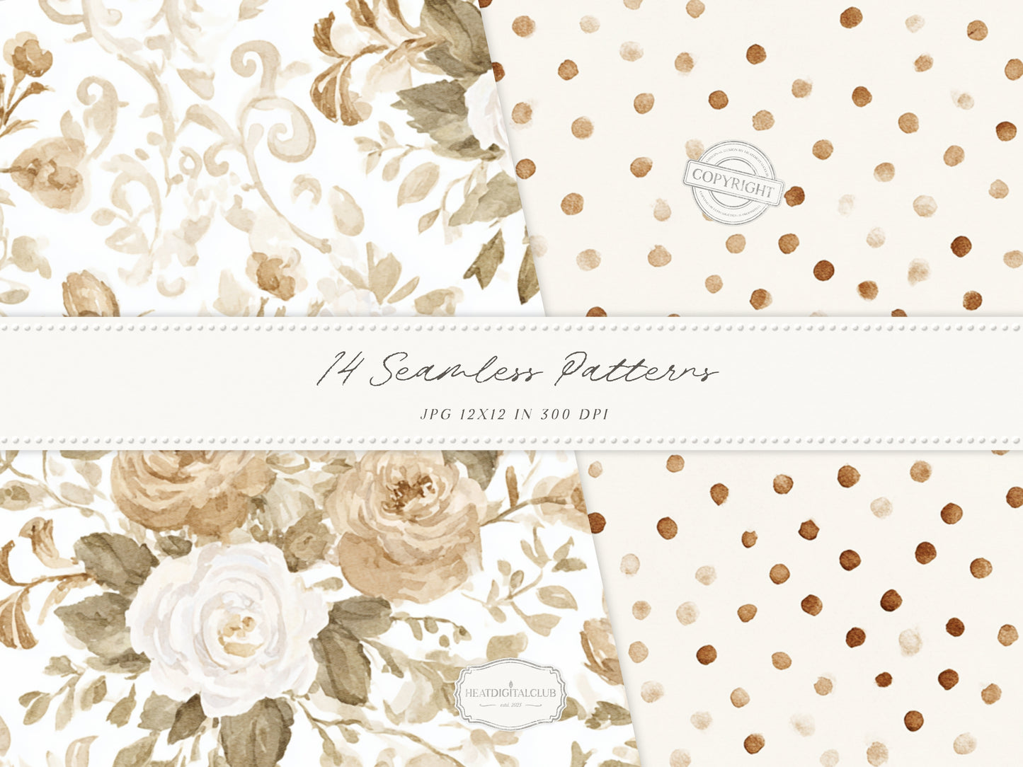Bohemian Fall - Seamless Patterns, Boho Autumn, Cream Brown Floral Patterns, Pumpkins, Plaid | 14 JPEG