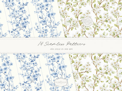 Easter Elegance - Seamless Patterns, Chinoiserie Spring, Elegant Hydrangeas | 14 JPEG