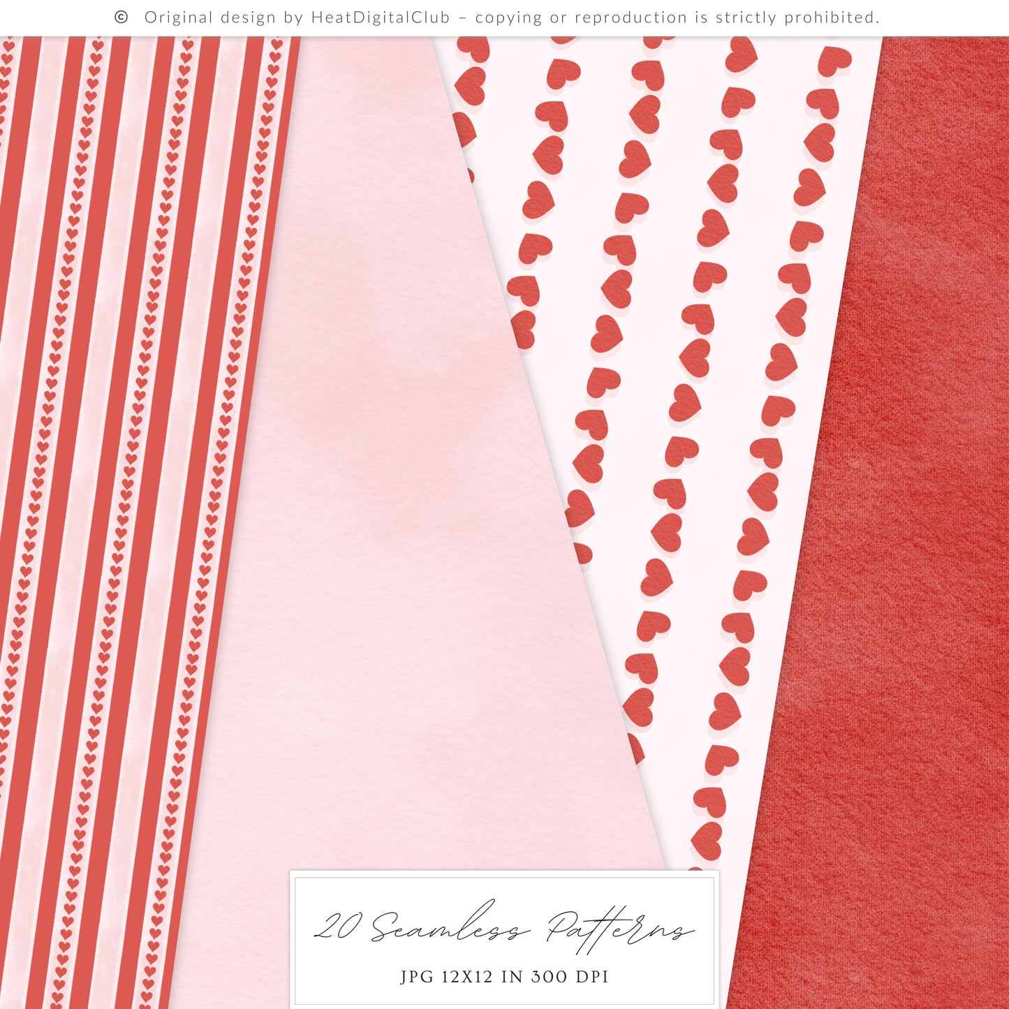 Heart to Heart - Valentine' Day Seamless Patterns, Red & Pink Romantic Love, Hearts Roses | 20 JPEG
