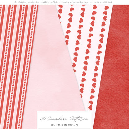 Heart to Heart - Valentine' Day Seamless Patterns, Red & Pink Romantic Love, Hearts Roses | 20 JPEG