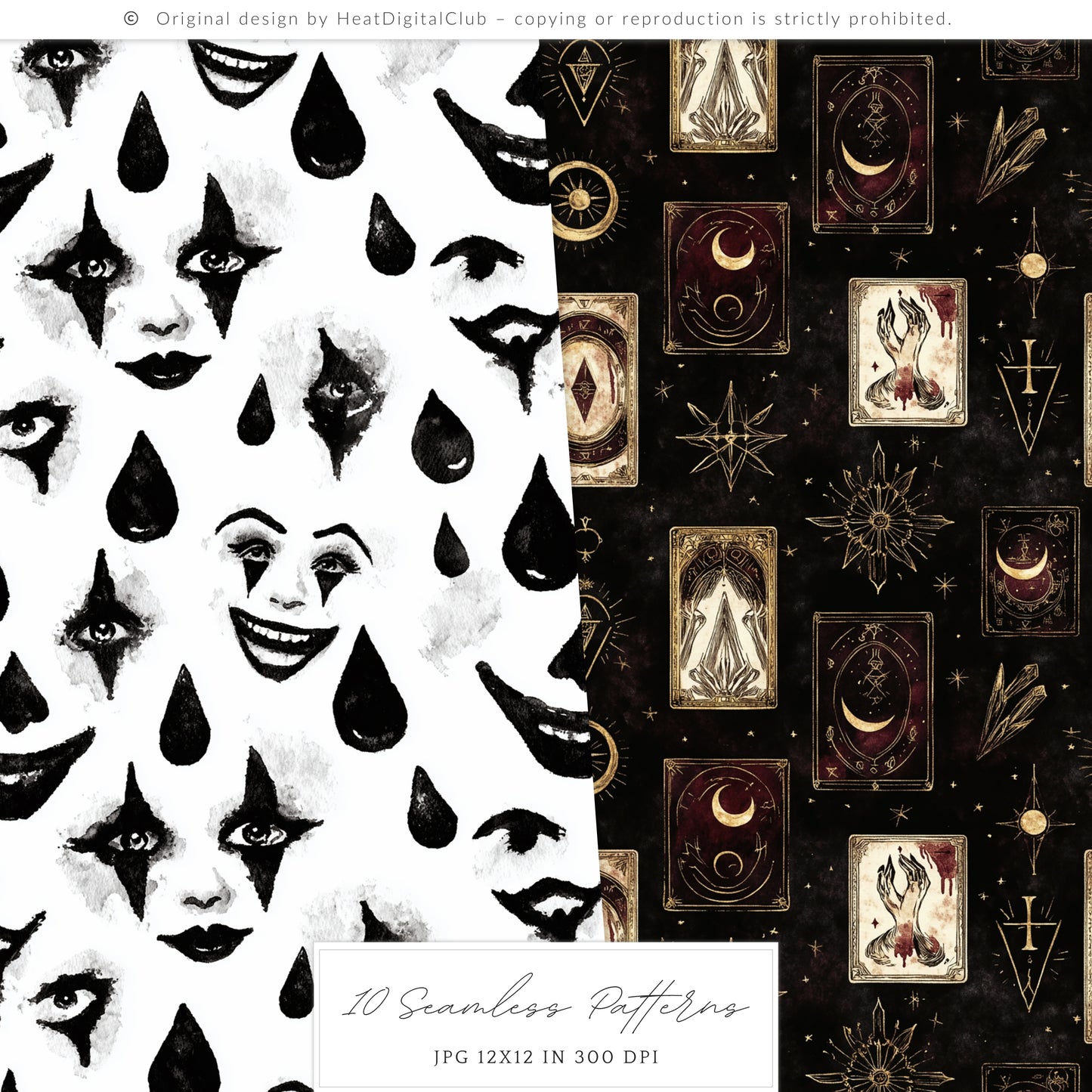 Dark Circus - Seamless Patterns, Gothic, Burgundy, Halloween | 10 JPEG