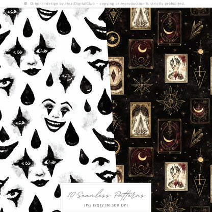 Dark Circus - Seamless Patterns, Gothic, Burgundy, Halloween | 10 JPEG