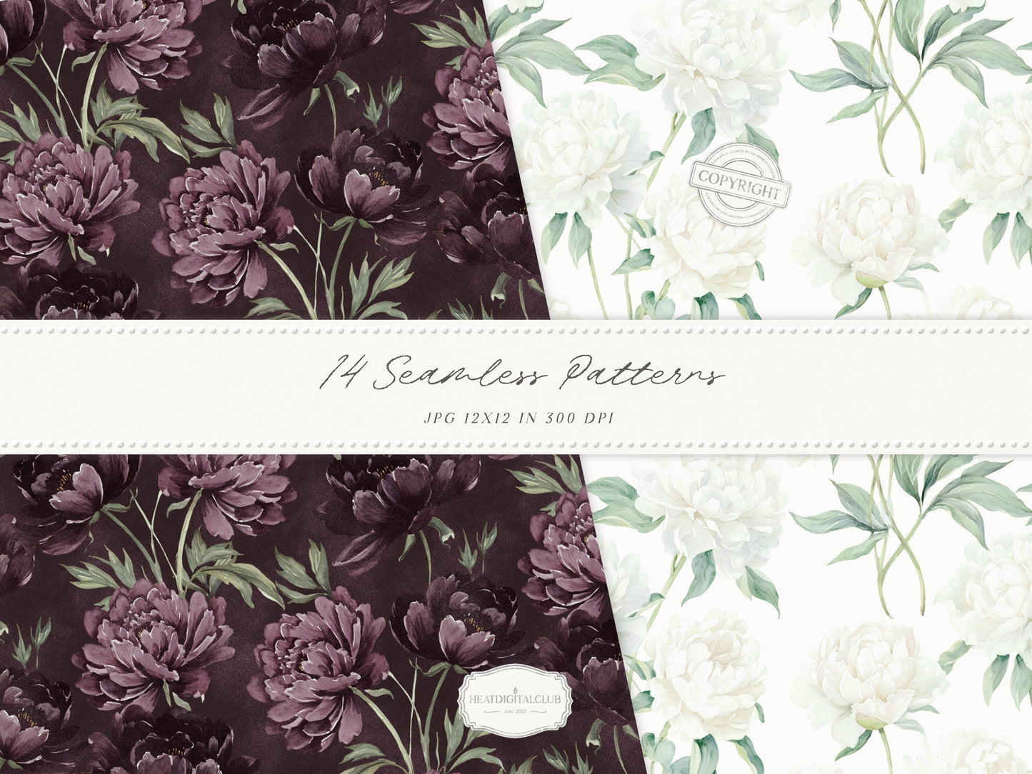Day & Midnight - Seamless Patterns, Romantic Ivory Dark Floral Patterns, Velvet, Lace, Stars and Peony | 14 JPEG