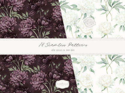 Day & Midnight - Seamless Patterns, Romantic Ivory Dark Floral Patterns, Velvet, Lace, Stars and Peony | 14 JPEG
