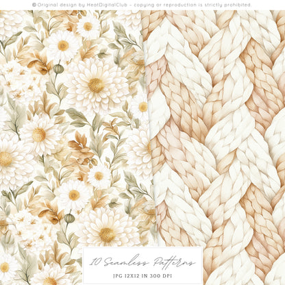 September End - Seamless Patterns, Autumn, Fall, Pumpkin, Knitted | 10 JPEG
