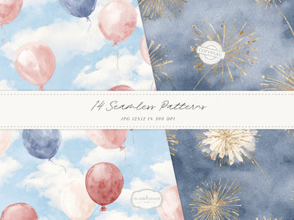 Quiet Americana - Seamless Patterns, Patriotic, 4th of July, Vintage Floral Stripe Quilt, Soft Red Blue Patterns | 14 JPEG