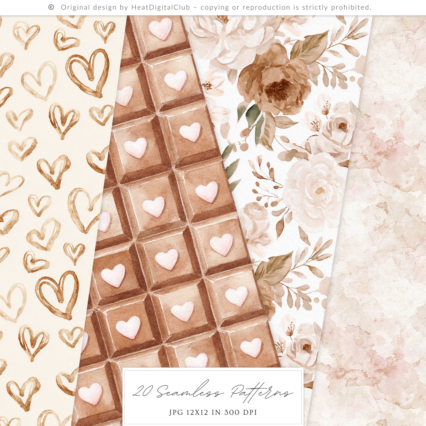 Sweet Romance - Seamless Patterns, Valentine Baking, Pink Brown, Romantic Love | 20 JPEG