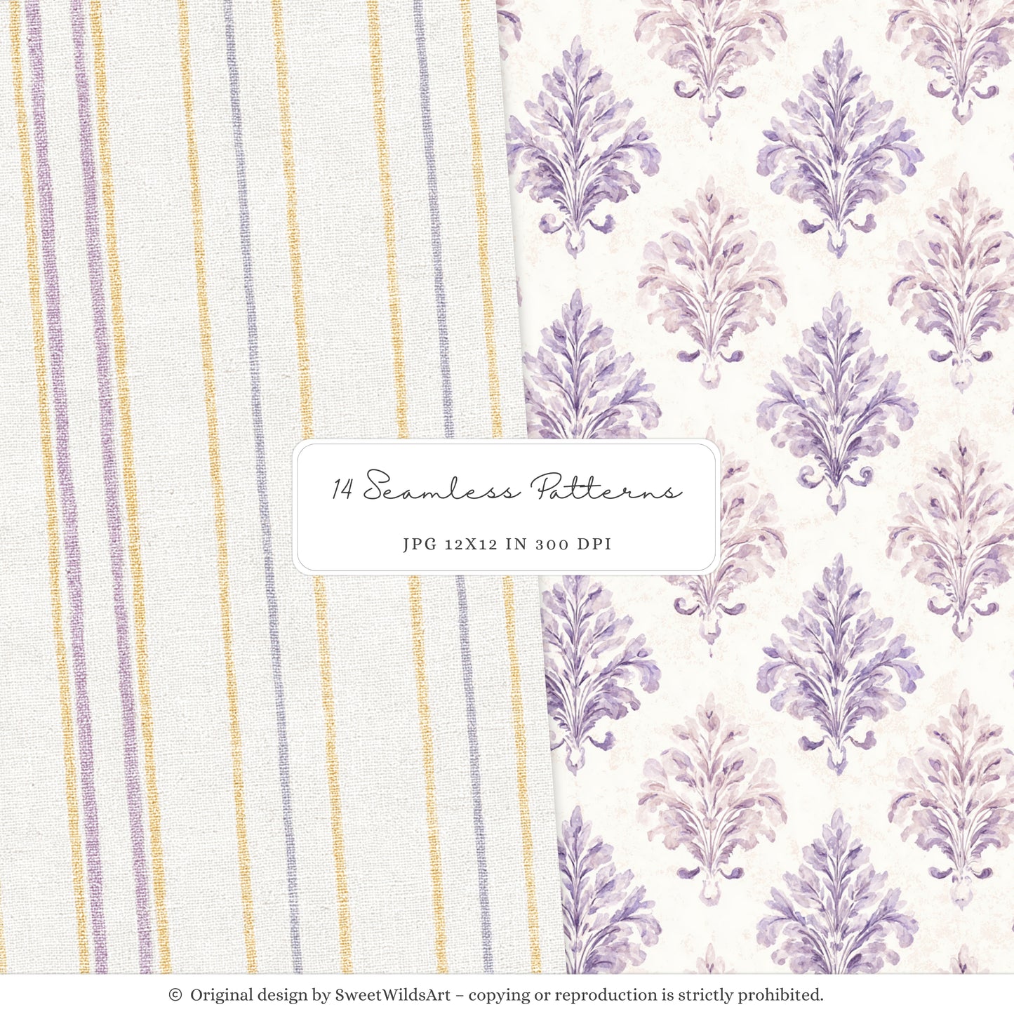Sweet Easter - Seamless Patterns, Light Purple & Yellow Gingham, Stripes, Pastel Spring | 14 JPEG