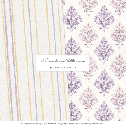Sweet Easter - Seamless Patterns, Light Purple & Yellow Gingham, Stripes, Pastel Spring | 14 JPEG