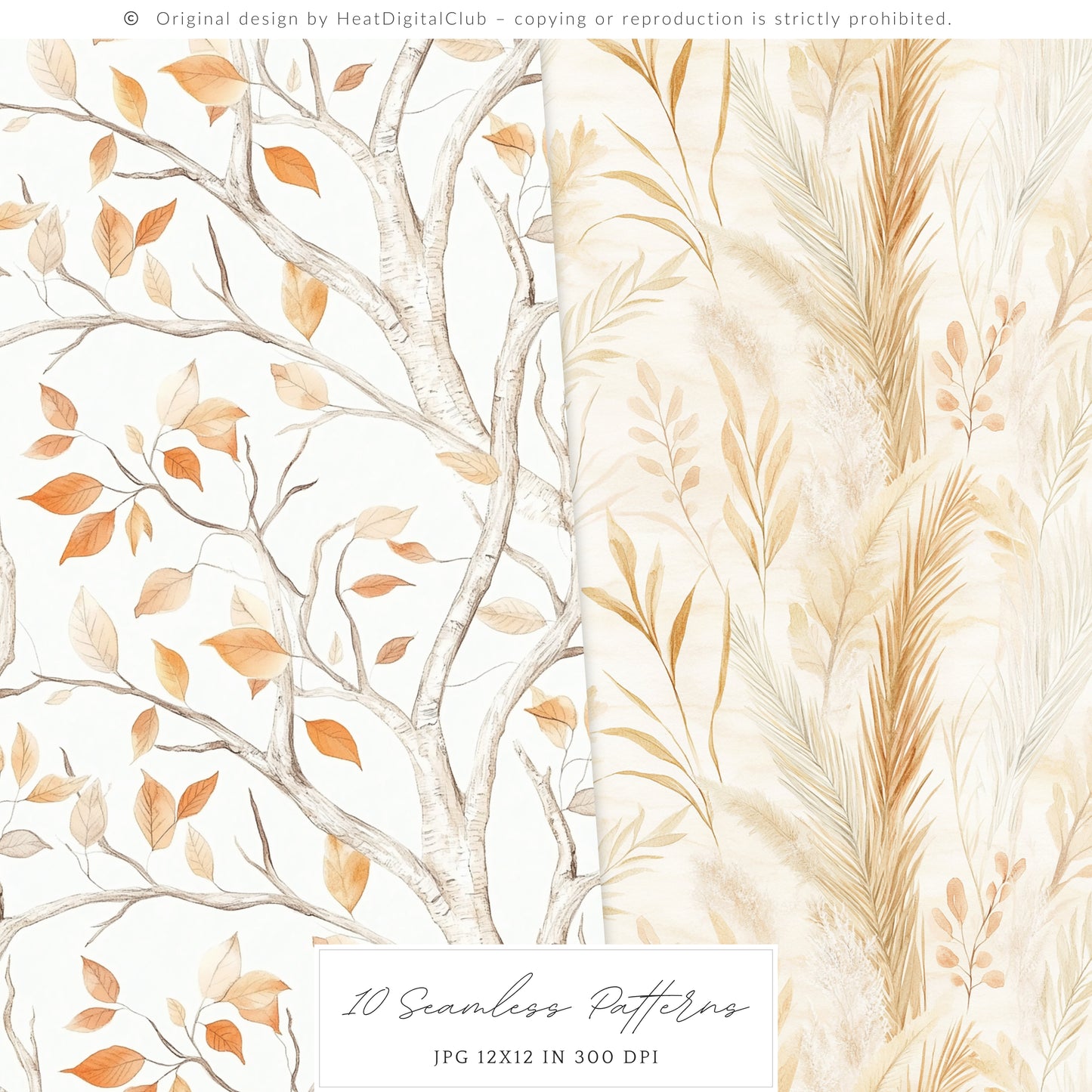 Autumn Shore - Seamless Patterns, Coastal Fall, Blue Orange Pumpkin | 10 JPEG