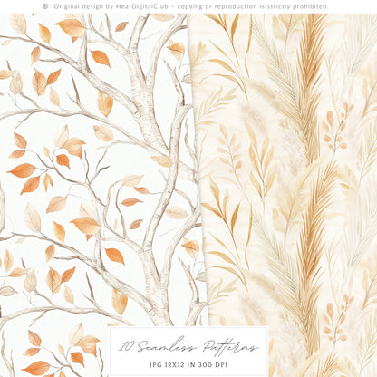 Autumn Shore - Seamless Patterns, Coastal Fall, Blue Orange Pumpkin | 10 JPEG