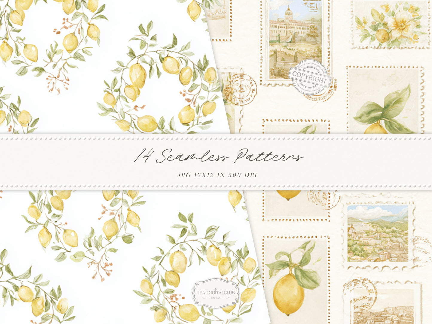 Summer Aperitivo - Seamless Patterns, Italian Citrus Patterns, Lemon Toile Floral Stripe Gingham | 14 JPEG