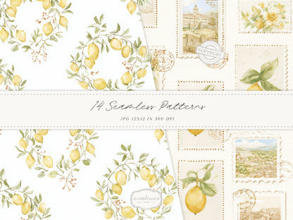Summer Aperitivo - Seamless Patterns, Italian Citrus Patterns, Lemon Toile Floral Stripe Gingham | 14 JPEG