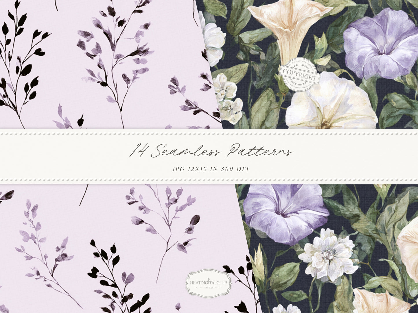 Firefly Garden - Seamless Patterns, Summer Lavender Night Sky, Botanical Patterns, Cottagecore | 14 JPEG