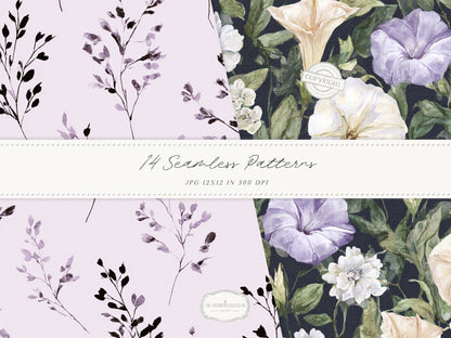 Firefly Garden - Seamless Patterns, Summer Lavender Night Sky, Botanical Patterns, Cottagecore | 14 JPEG