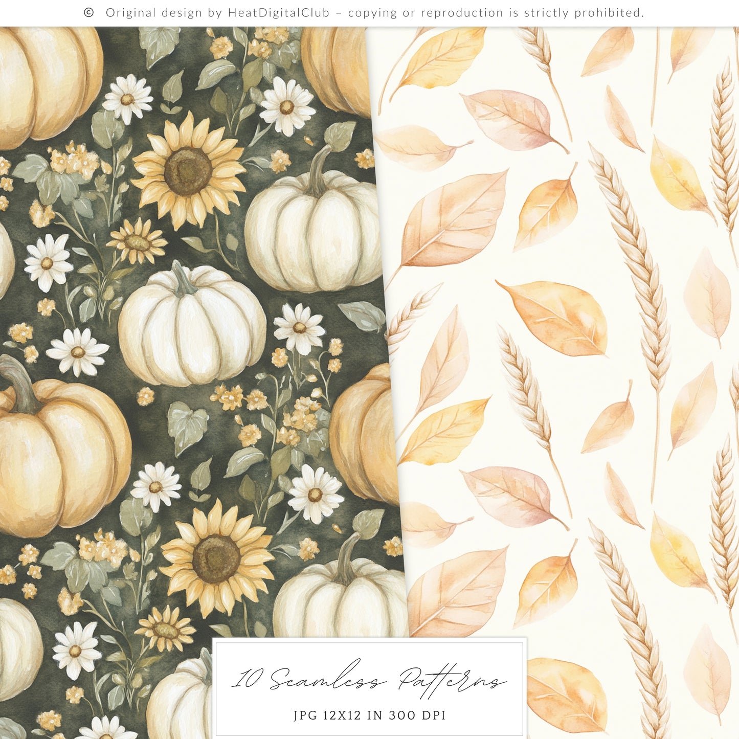 Grateful Feast - Seamless Pattern, Fall, Thanksgiving Pumpkin, Autumn Sunflower | 10 JPEG