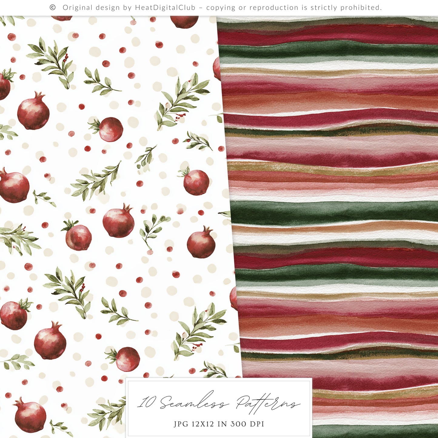 Winter Pomegranate - Seamless Patterns, Holiday Christmas, Fruit, Rustic | 10 JPEG
