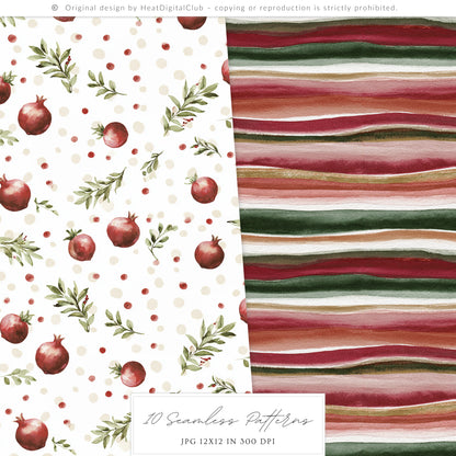 Winter Pomegranate - Seamless Patterns, Holiday Christmas, Fruit, Rustic | 10 JPEG