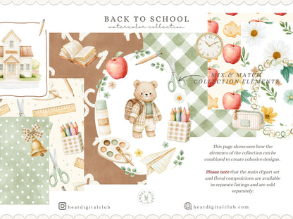 Back To School - Watercolor Seamless Patterns, Neutral School Supplies Digital Paper | 14 JPEG