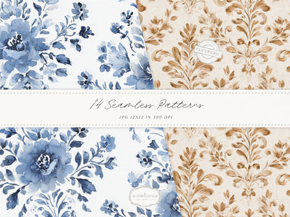 Coffee & Denim - Seamless Patterns, Textile Prints, Coffee Bean Patterns, Blue Brown Denim Fabric | 14 JPEG